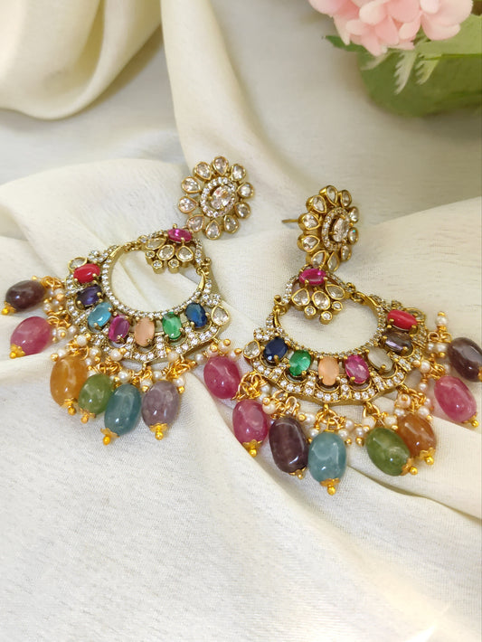 Multicolor Stone Chandbali Earrings with Pearl Drops – Festive Statement Earrings