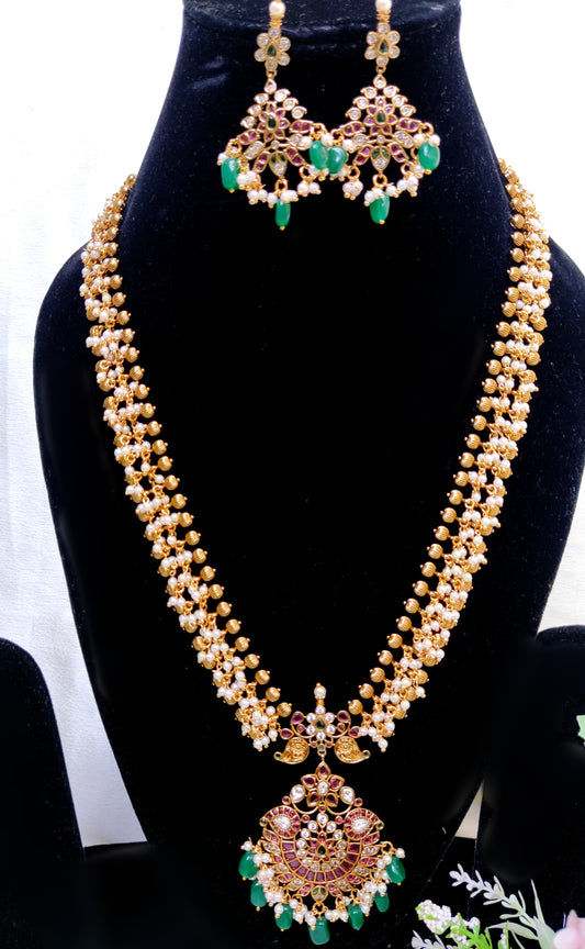 Long Kemp Stone Lakshmi Necklace Set with Green Beads & Pearls | Temple Jewellery