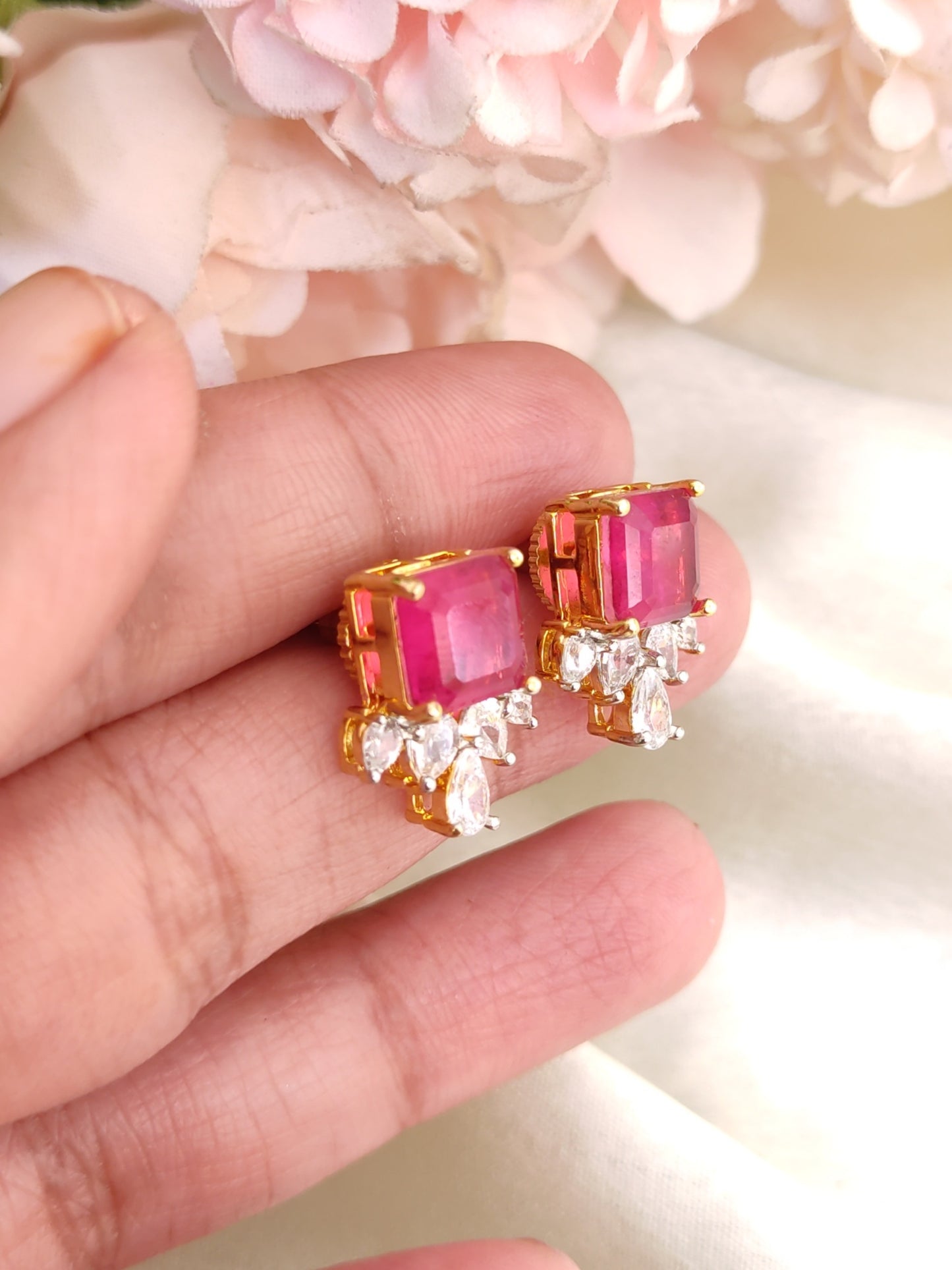Rani Pink Stud Earrings with Crystal Drops | Gold-Plated Daily Wear Studs