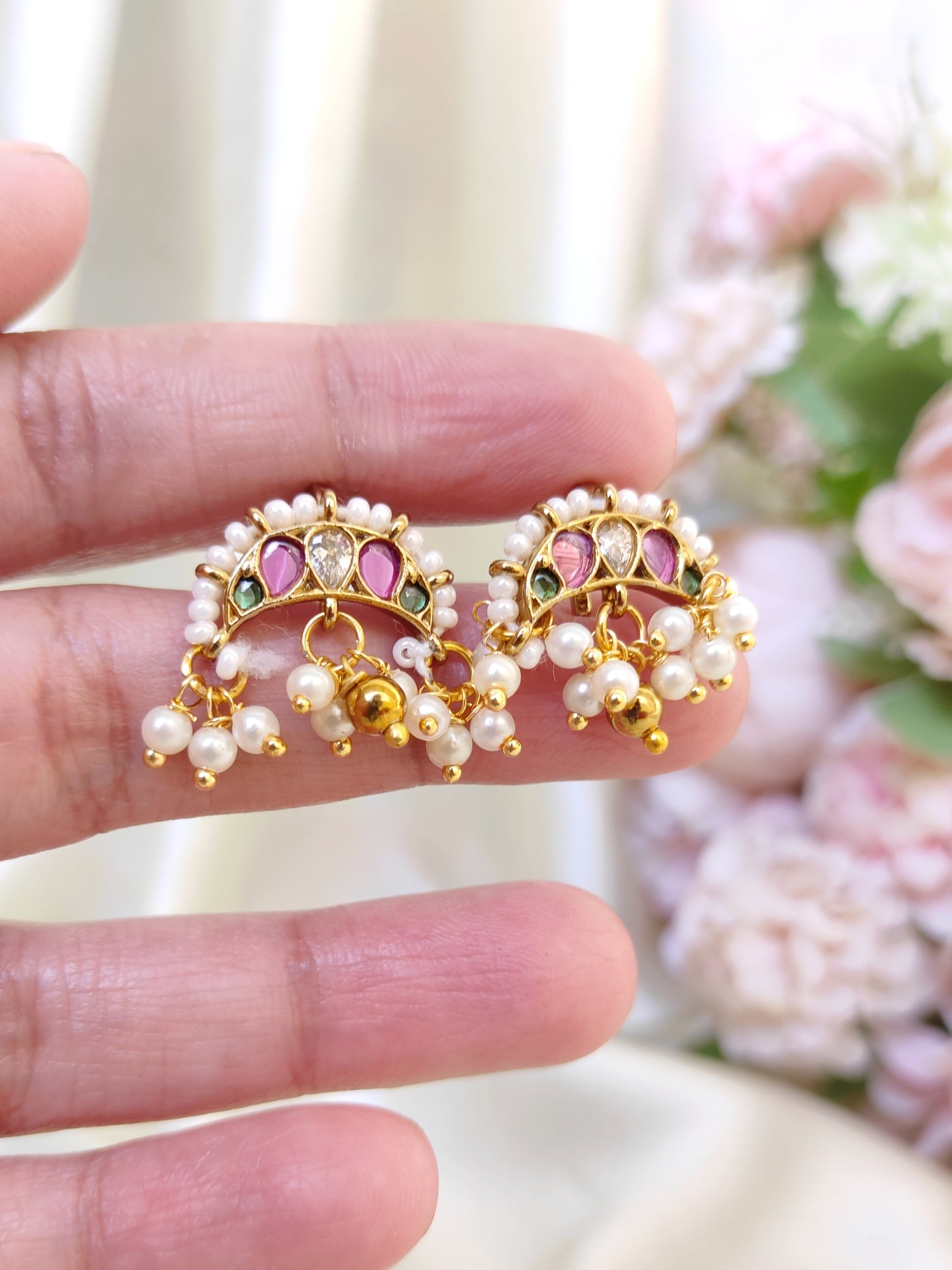 Traditional Kemp stone Bugadi Earrings with Pearl Drops | Gold Finish South Indian Ear Cuff