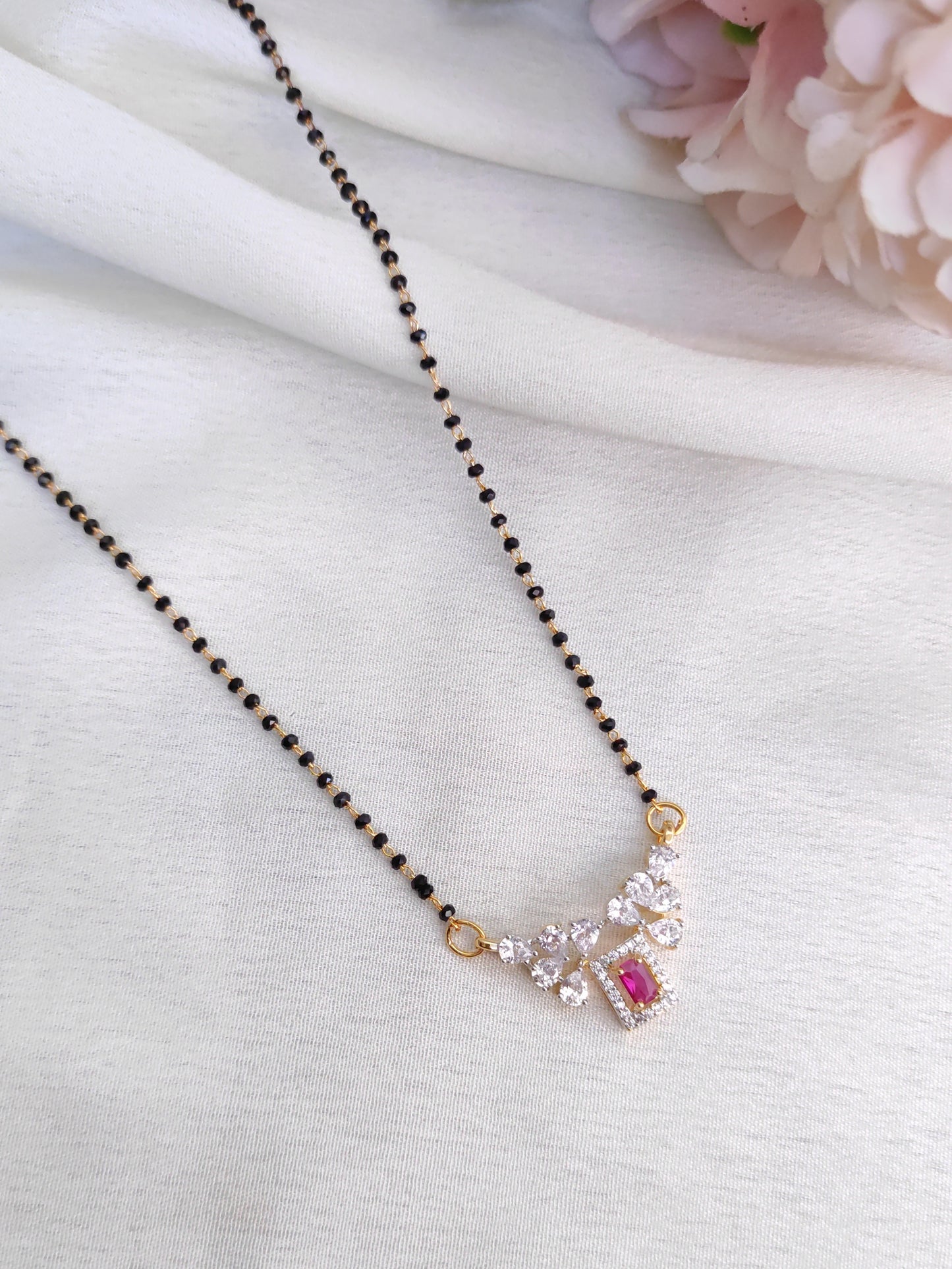 Ruby Rectangle AD Pendant Black Bead Chain – Modern Gold Finish Necklace
