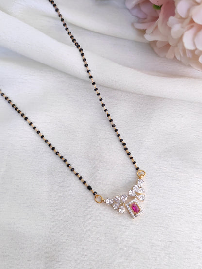 Ruby Rectangle AD Pendant Black Bead Chain – Modern Gold Finish Necklace