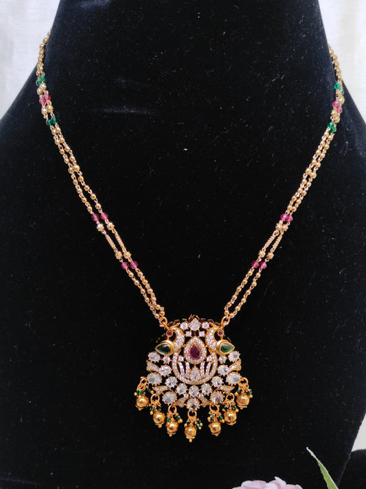 Lakshmi Motif Temple Necklace with Hanging Beads – Traditional One Gram Gold Bridal Necklace