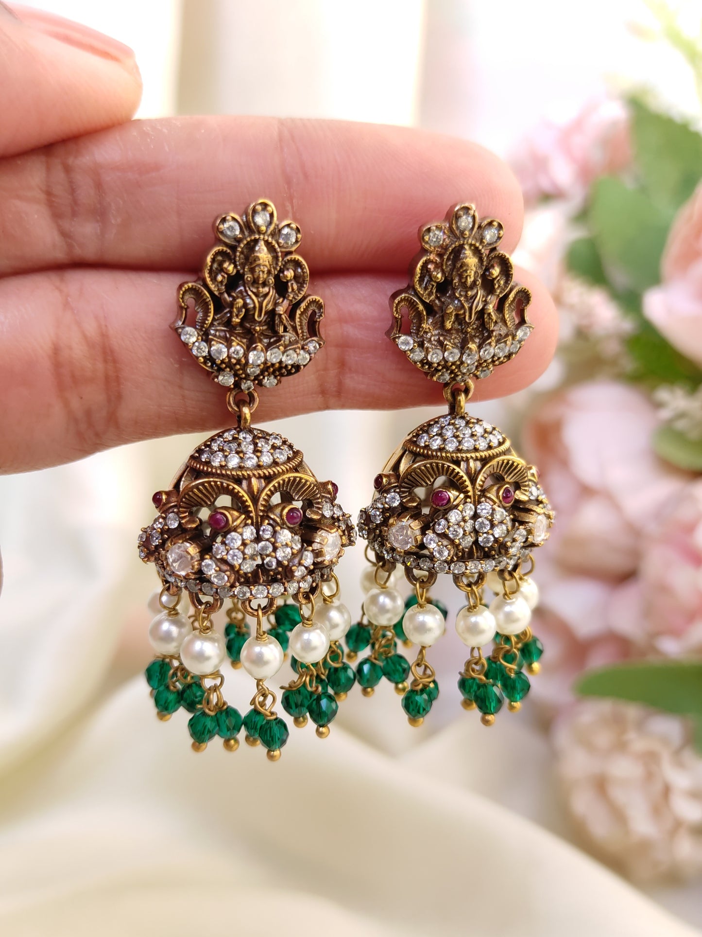 Victorian Lakshmi Temple Jhumka Earrings with Green Beads & Pearls
