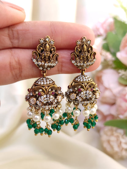 Victorian Lakshmi Temple Jhumka Earrings with Green Beads & Pearls