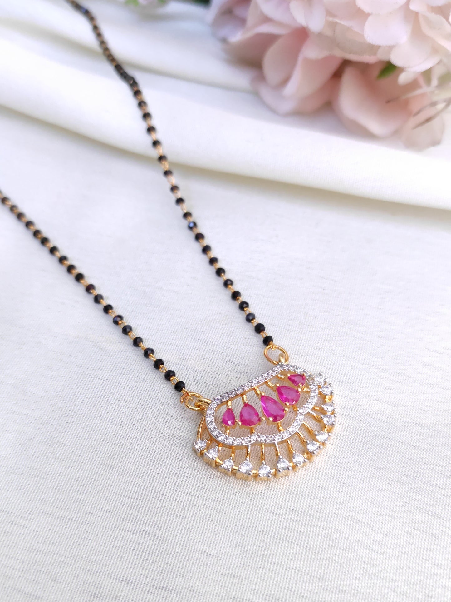 Ruby Pink AD Fan Pendant Black Bead Chain – Elegant Daily Wear Mangalsutra