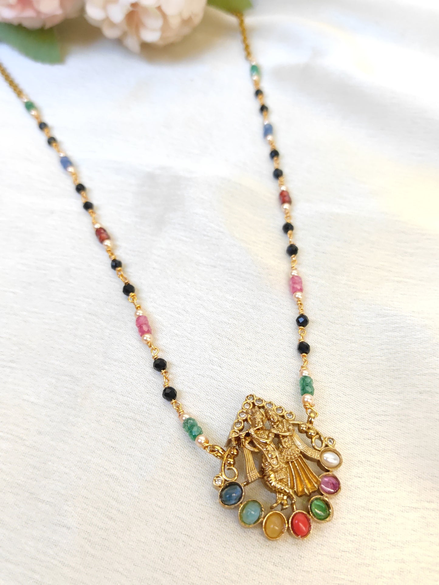 Navaratna Krishna Pendant Black Beads Chain | Traditional Gold Finish Necklace