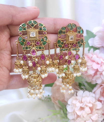 Antique Temple Jhumki Earrings with Ruby-Green Stones & Pearl Drops