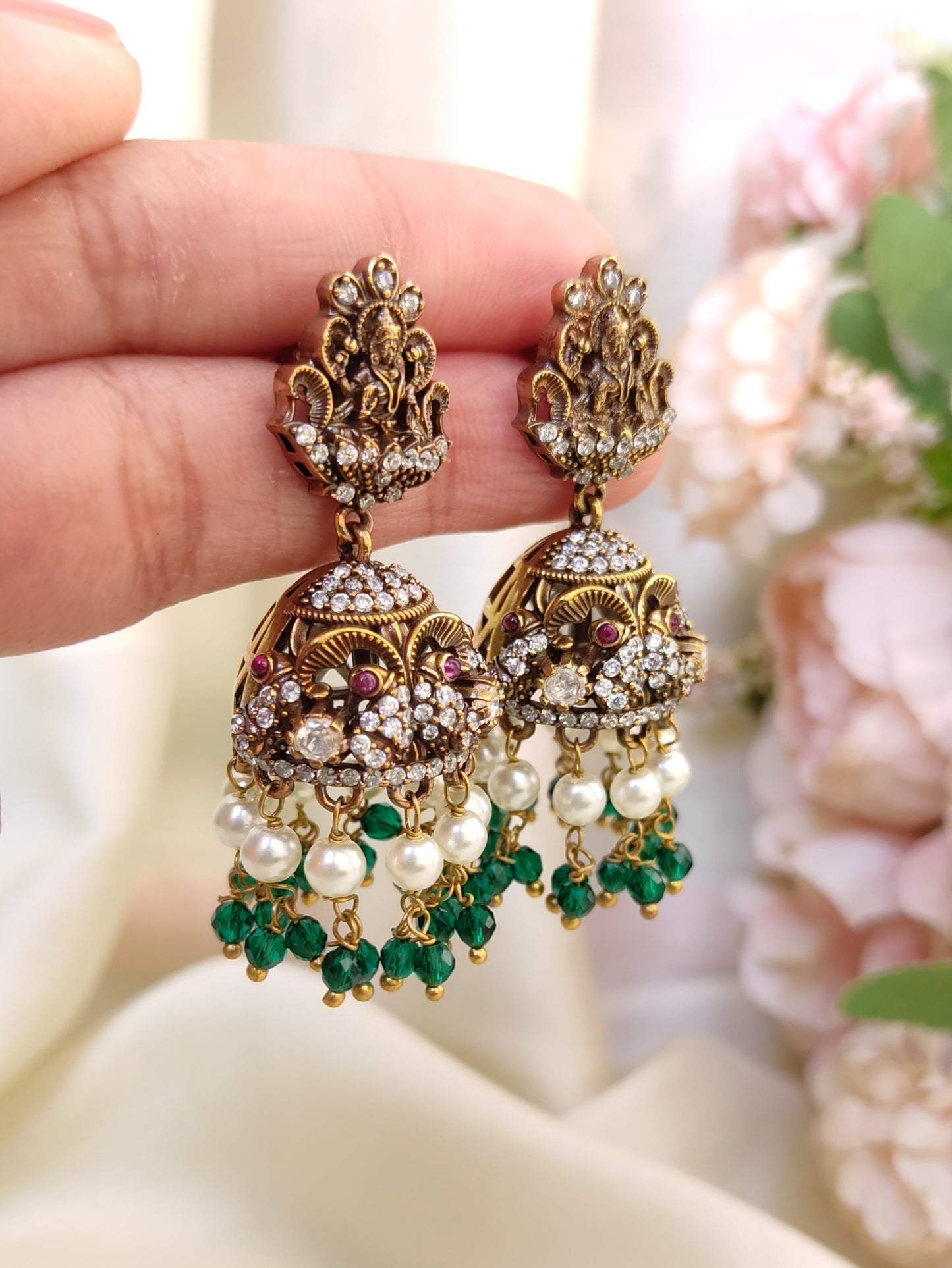 Victorian Lakshmi Temple Jhumka Earrings with Green Beads & Pearls