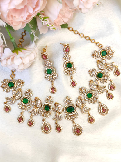 Bridal Peacock Motif Necklace Set | Green CZ Stones & Pink Tear Drops