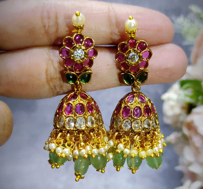 Ruby Green Kemp Jhumka Earrings with Pearls | Traditional Gold-Plated Jhumkis by THE SINGARI