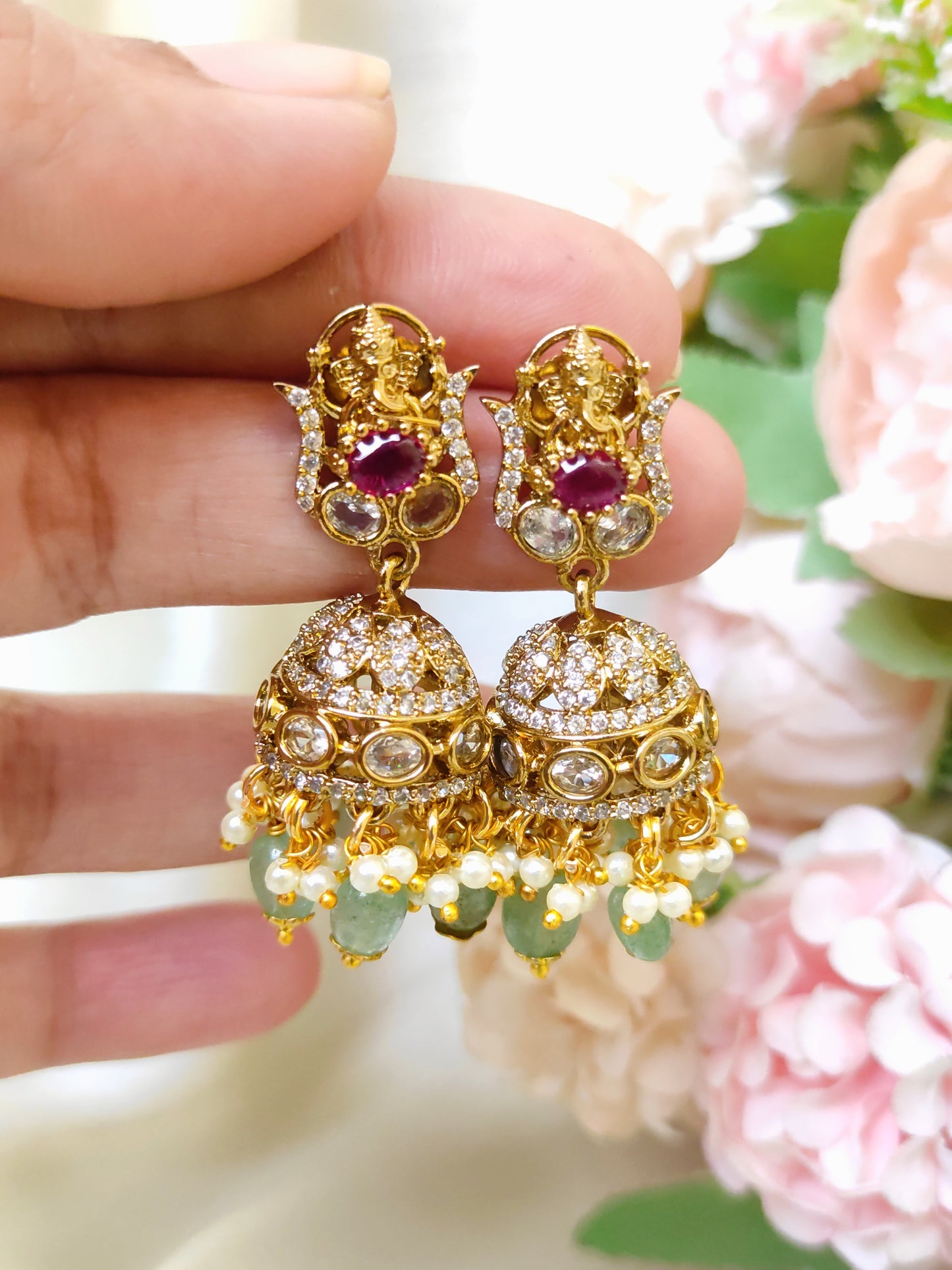 Gold Plated Ganesh Jhumka Earrings with Ruby & Pearl Drops – Wedding Special
