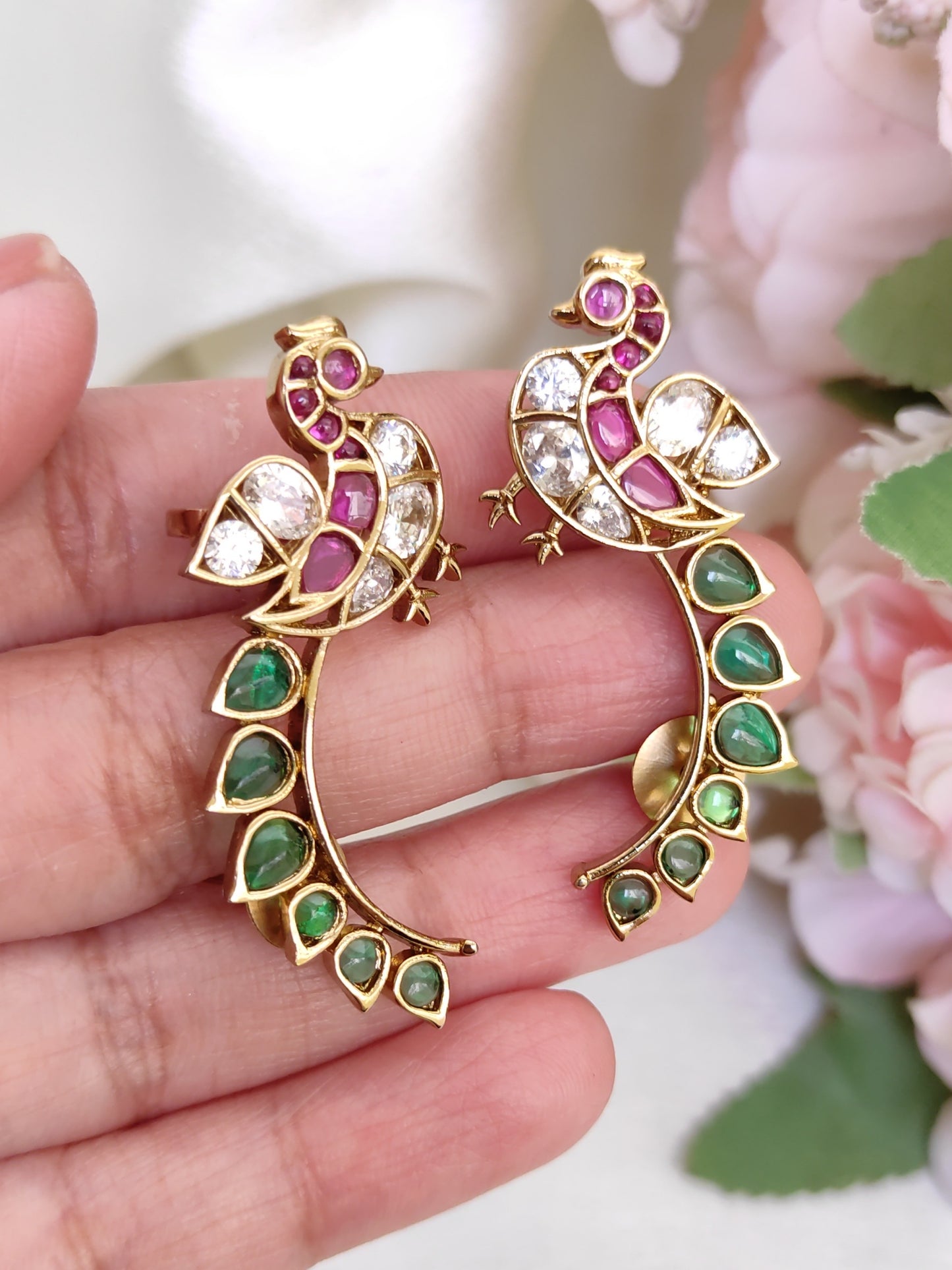 Peacock Motif Ruby Pink & Emerald Green CZ Earrings – Designer Ethnic Statement earcuffs