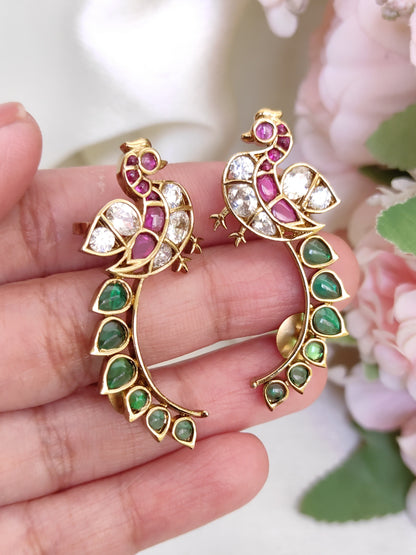 Peacock Motif Ruby Pink & Emerald Green CZ Earrings – Designer Ethnic Statement earcuffs