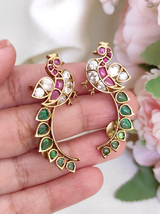 Peacock Motif Ruby Pink & Emerald Green CZ Earrings – Designer Ethnic Statement earcuffs