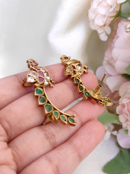 Peacock Motif Ruby Pink & Emerald Green CZ Earrings – Designer Ethnic Statement earcuffs