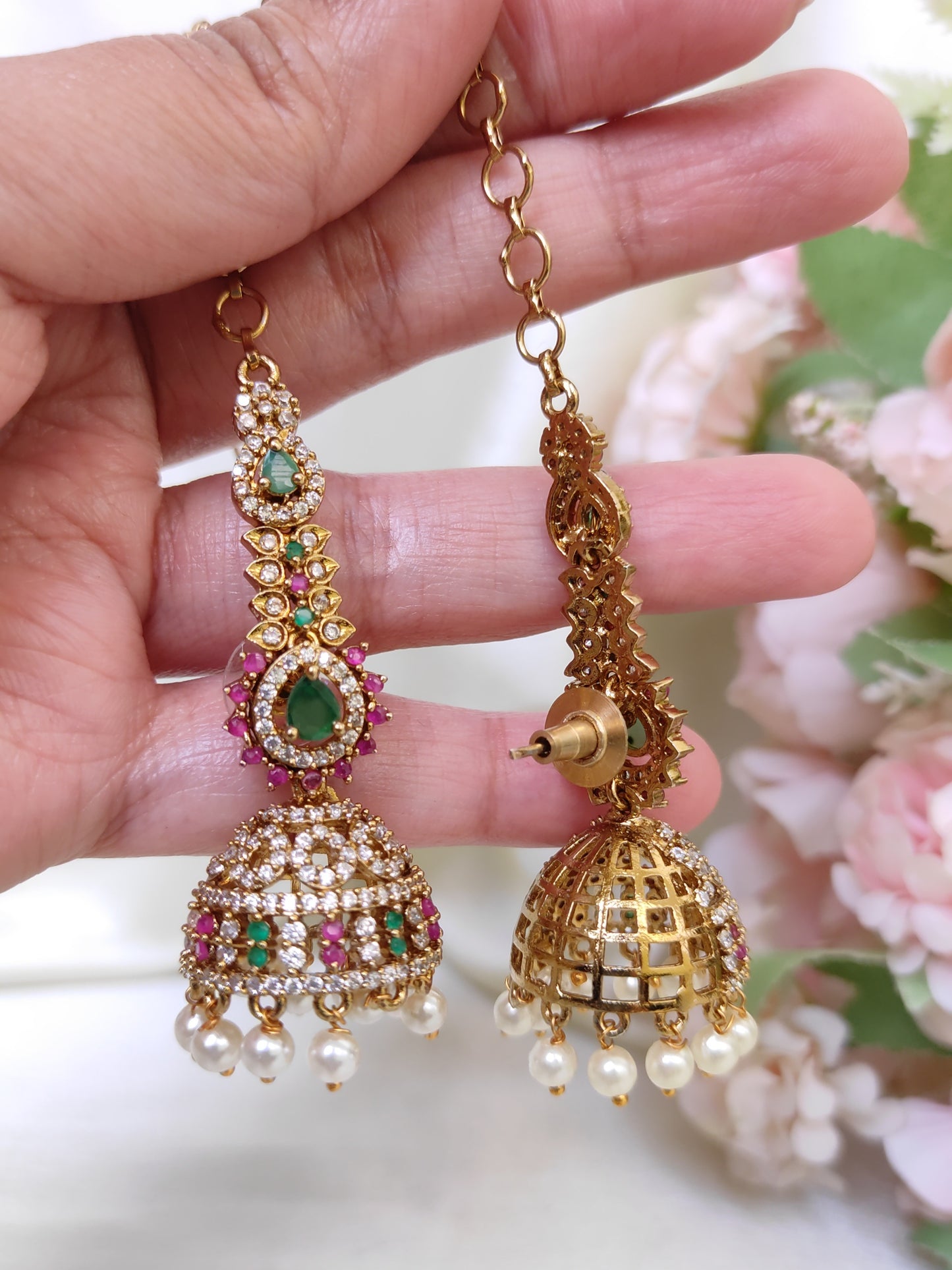Traditional Emerald Green & Ruby CZ Long Jhumka Earrings with Pearl Drops