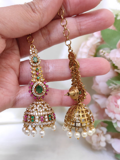 Traditional Emerald Green & Ruby CZ Long Jhumka Earrings with Pearl Drops