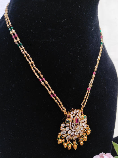 Lakshmi Motif Temple Necklace with Hanging Beads – Traditional One Gram Gold Bridal Necklace