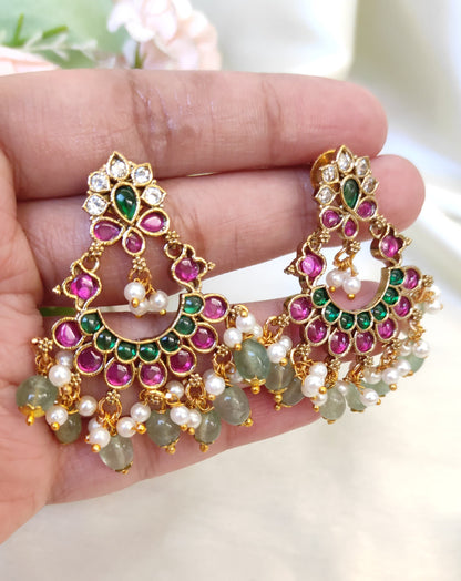 Ruby Green Kundan Chandbali Earrings with Pearls – Traditional Party Wear