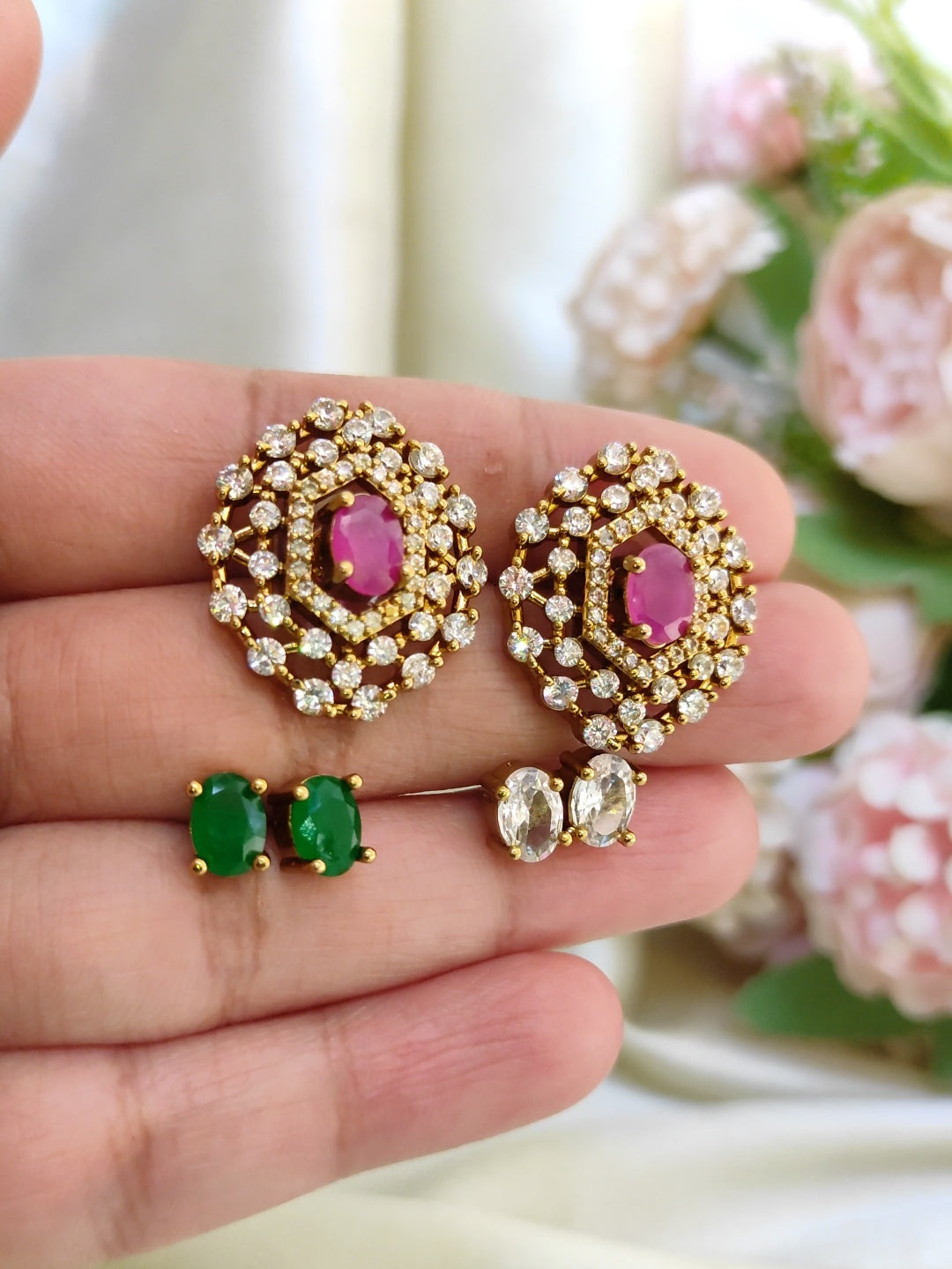 3-in-1 Colour Changeable Stone Stud Earrings – Gold Plated Crystal Daily Wear Studs
