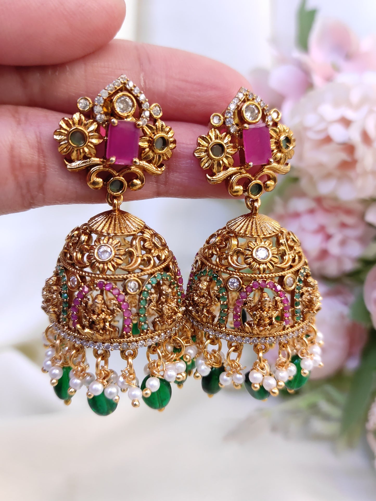 Temple Lakshmi Ruby Green Stone Jhumka Earrings with Pearl Drops