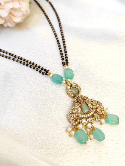 Mint Green Stone Mangalsutra with CZ Pendant | Double-Chain Black Bead Design