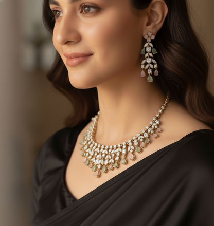American Diamond necklace set in Baby pink & Pastel green