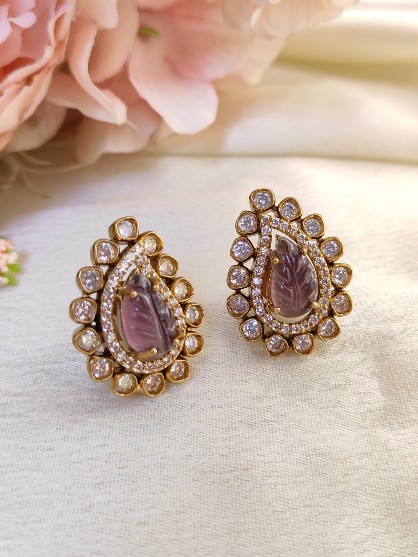 Purple Leaf Carving Stud Earrings – Premium CZ Detailing