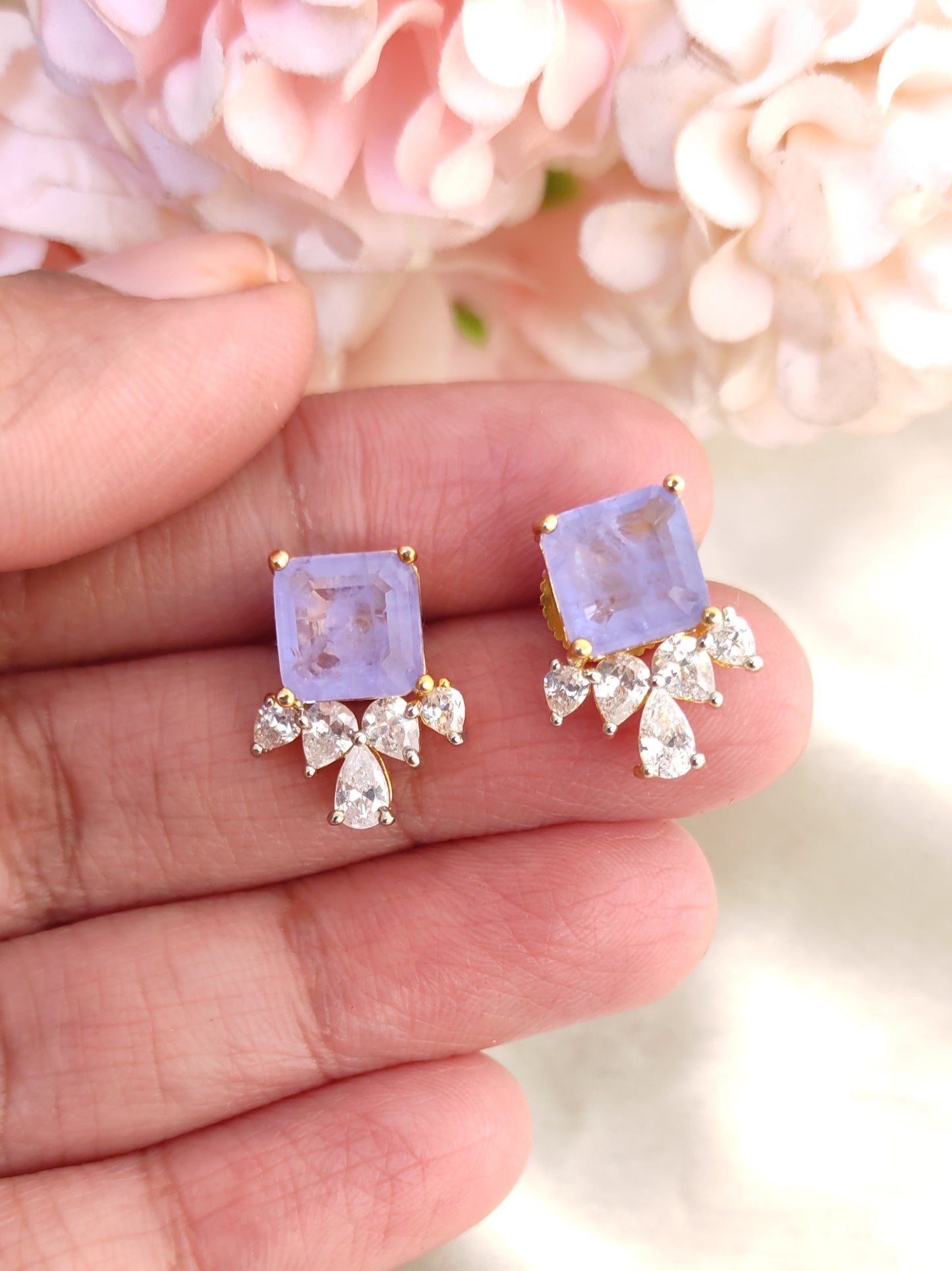Lilac blue Stud Earrings with Crystal Drops | Gold-Plated Daily Wear Studs