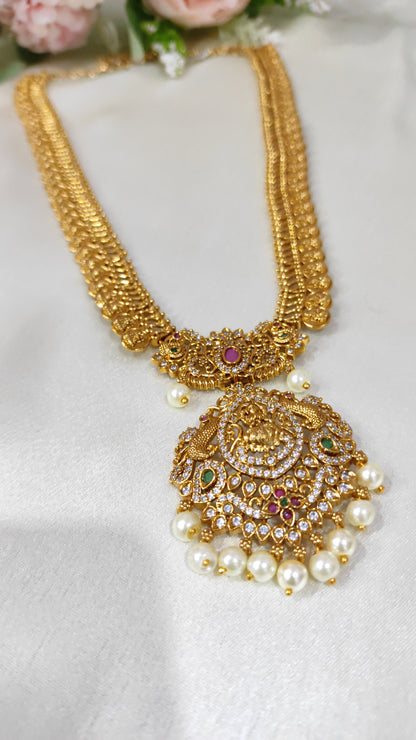 Traditional Lakshmi Coin Necklace with Kundan Pendant & Pearl Drops