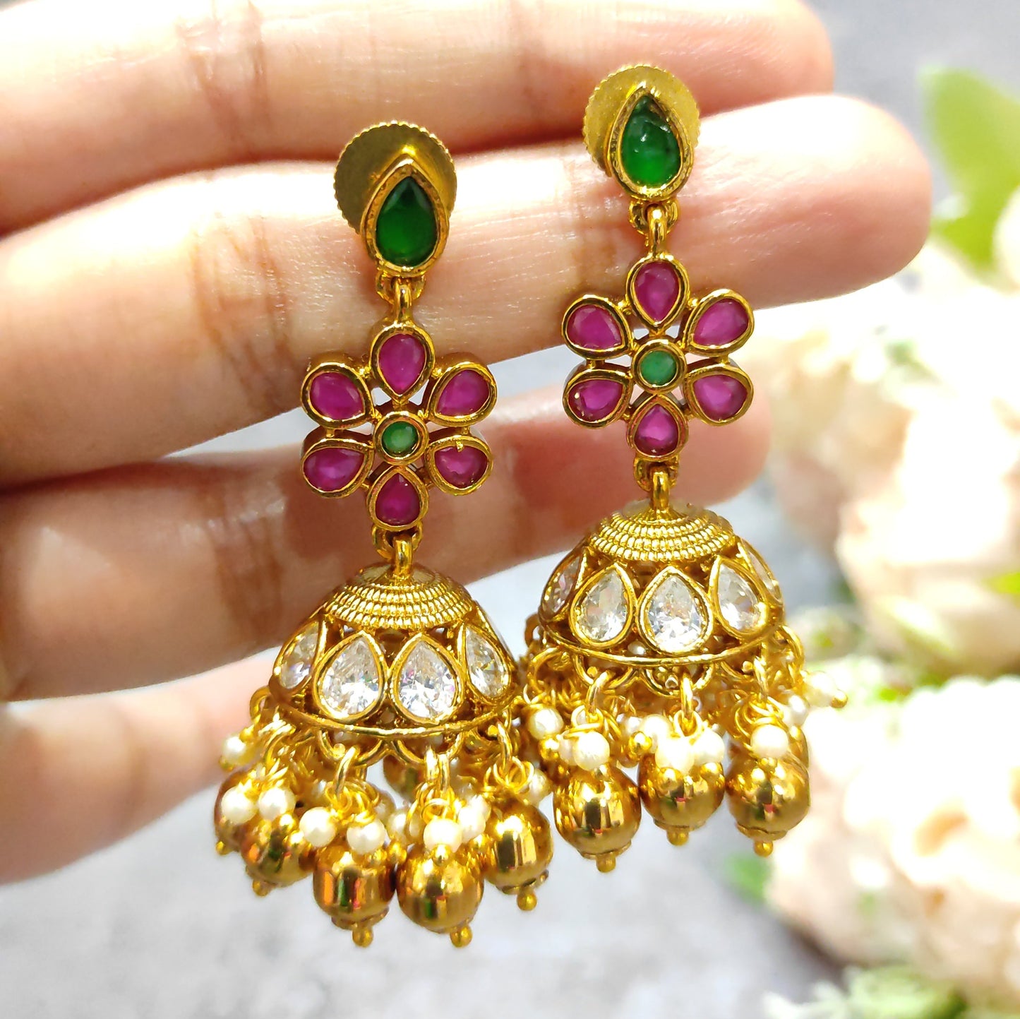 Kundan Pearl Drop Jhumka with Ruby & Green Stones – Wedding Collection