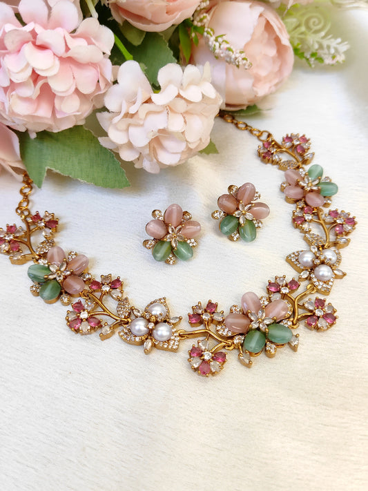 Designer Pastel Pink & Green Floral Necklace with Earrings | Gold Plated Jewellery