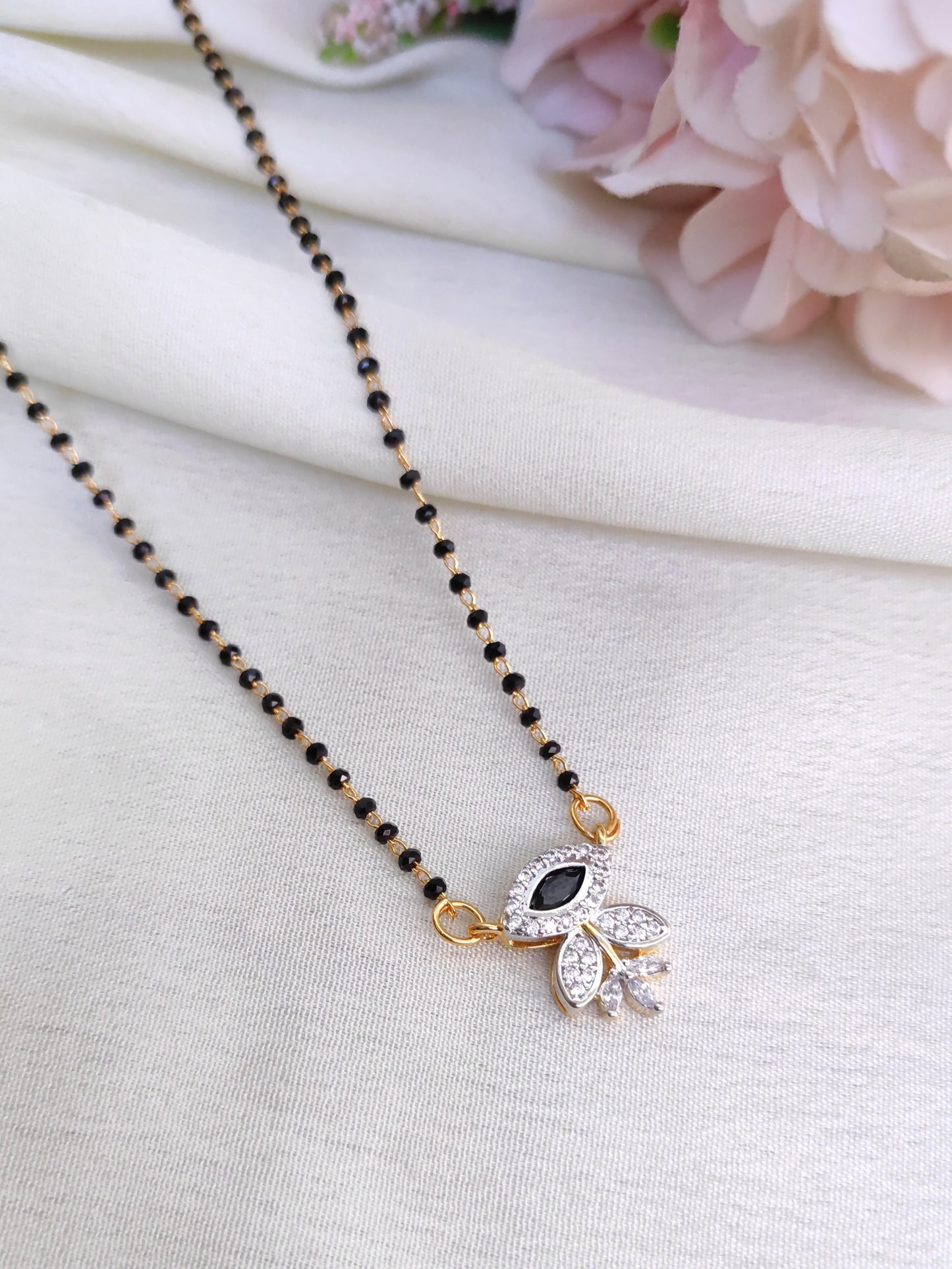 Leaf Design Black Stone AD Pendant Black Bead Chain – Delicate Everyday Wear