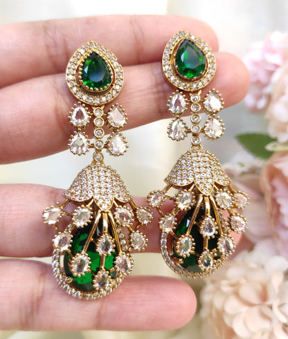 Luxury Green Crystal Dangler Earrings | Party Wear Diamond Finish Design