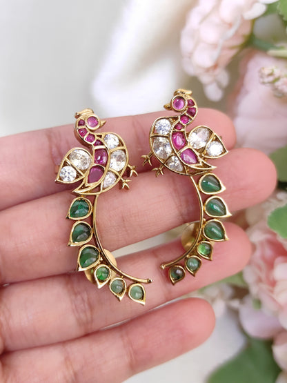Peacock Motif Ruby Pink & Emerald Green CZ Earrings – Designer Ethnic Statement earcuffs