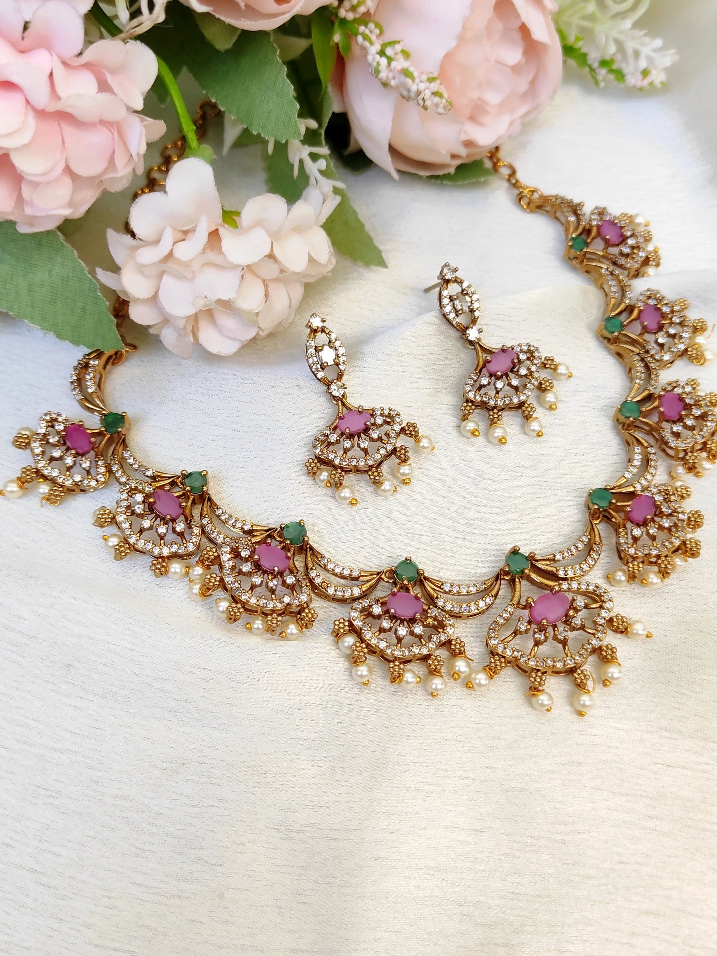 Designer Green & Pink Stone Necklace Set with Pearls | Wedding Jewellery