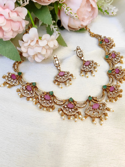 Designer Green & Pink Stone Necklace Set with Pearls | Wedding Jewellery
