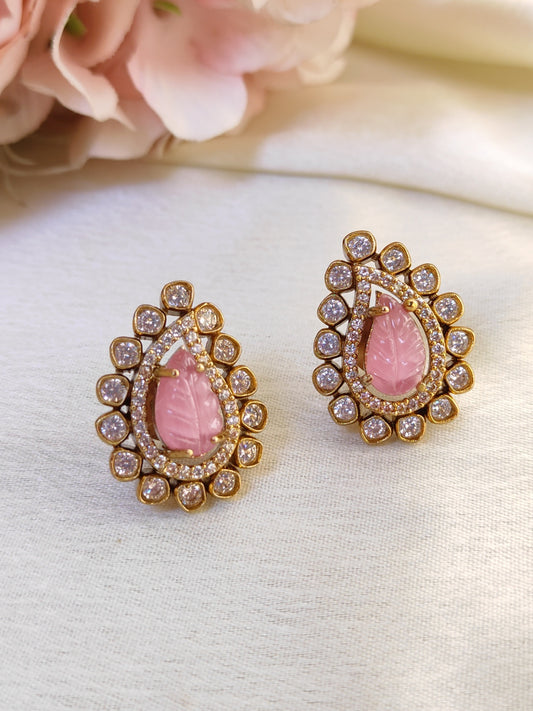 Blush Pink Leaf Carving Stud Earrings – Premium CZ Detailing