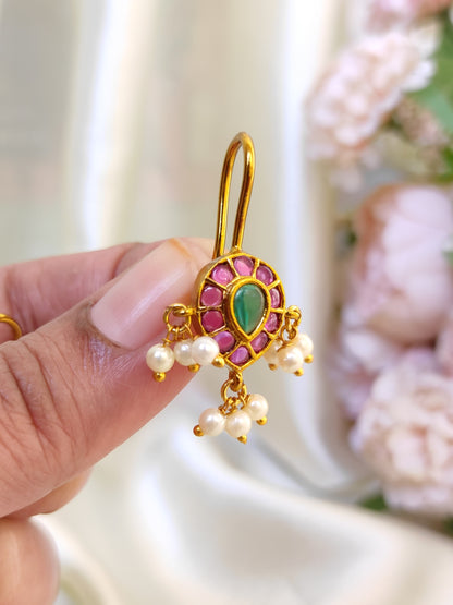 Traditional Kemp stone Bugadi Earrings with Pearl Drops | Gold Finish South Indian Ear Cuff