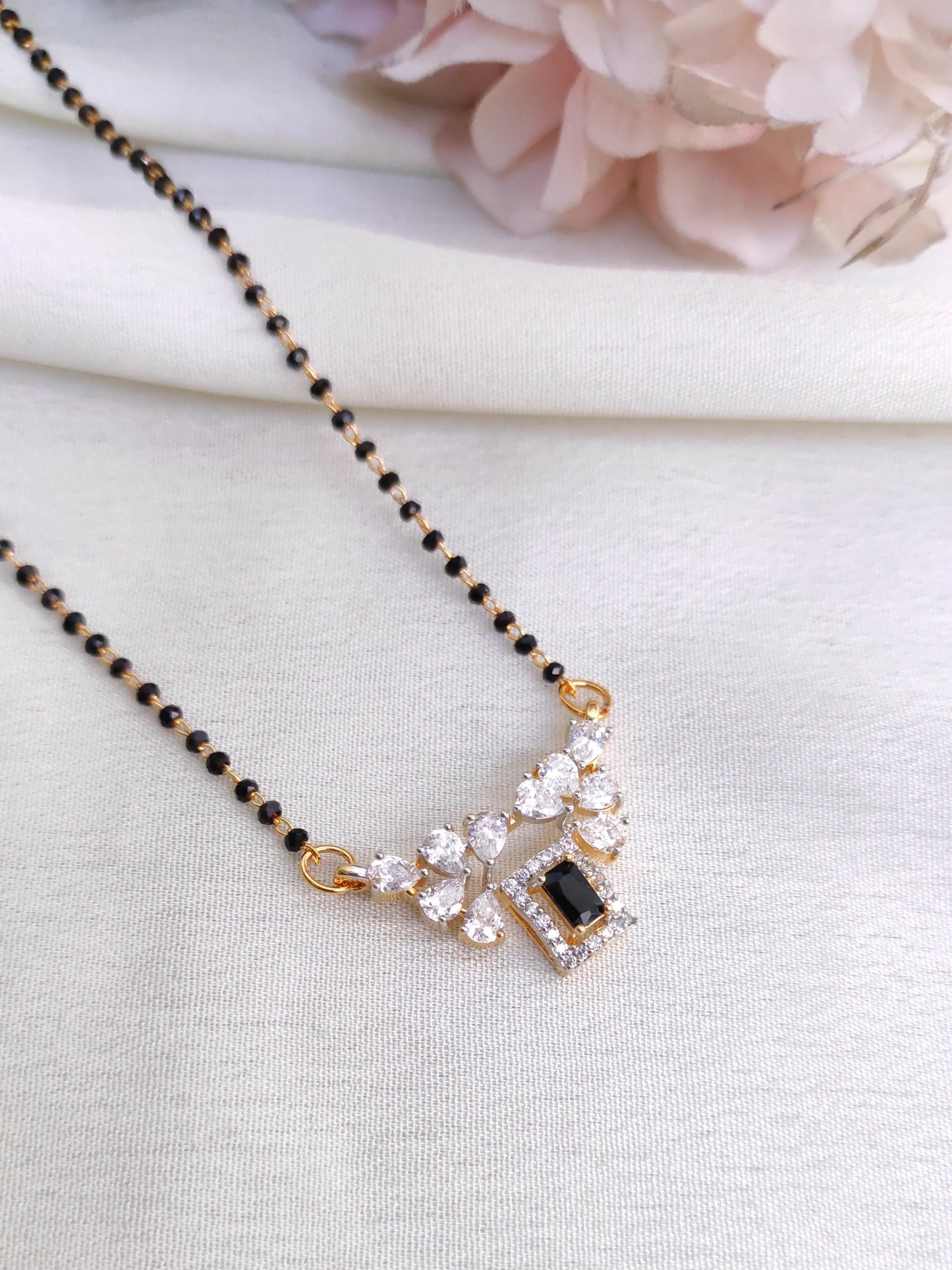 Classic Black Stone AD Pendant Black Bead Chain – Minimal Mangalsutra Style