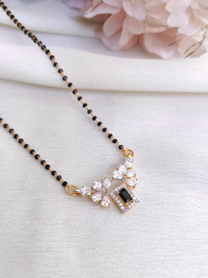 Classic Black Stone AD Pendant Black Bead Chain – Minimal Mangalsutra Style