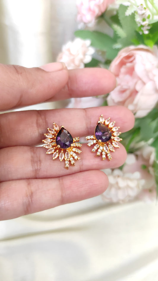 Purple Crystal Pear Drop Stud Earrings | Elegant Party Wear Jewelry