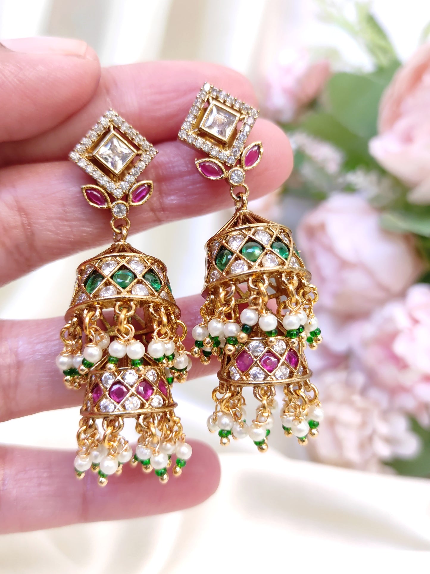 Kundan AD Dual Layer Jhumka Earrings with Pearl Hangings