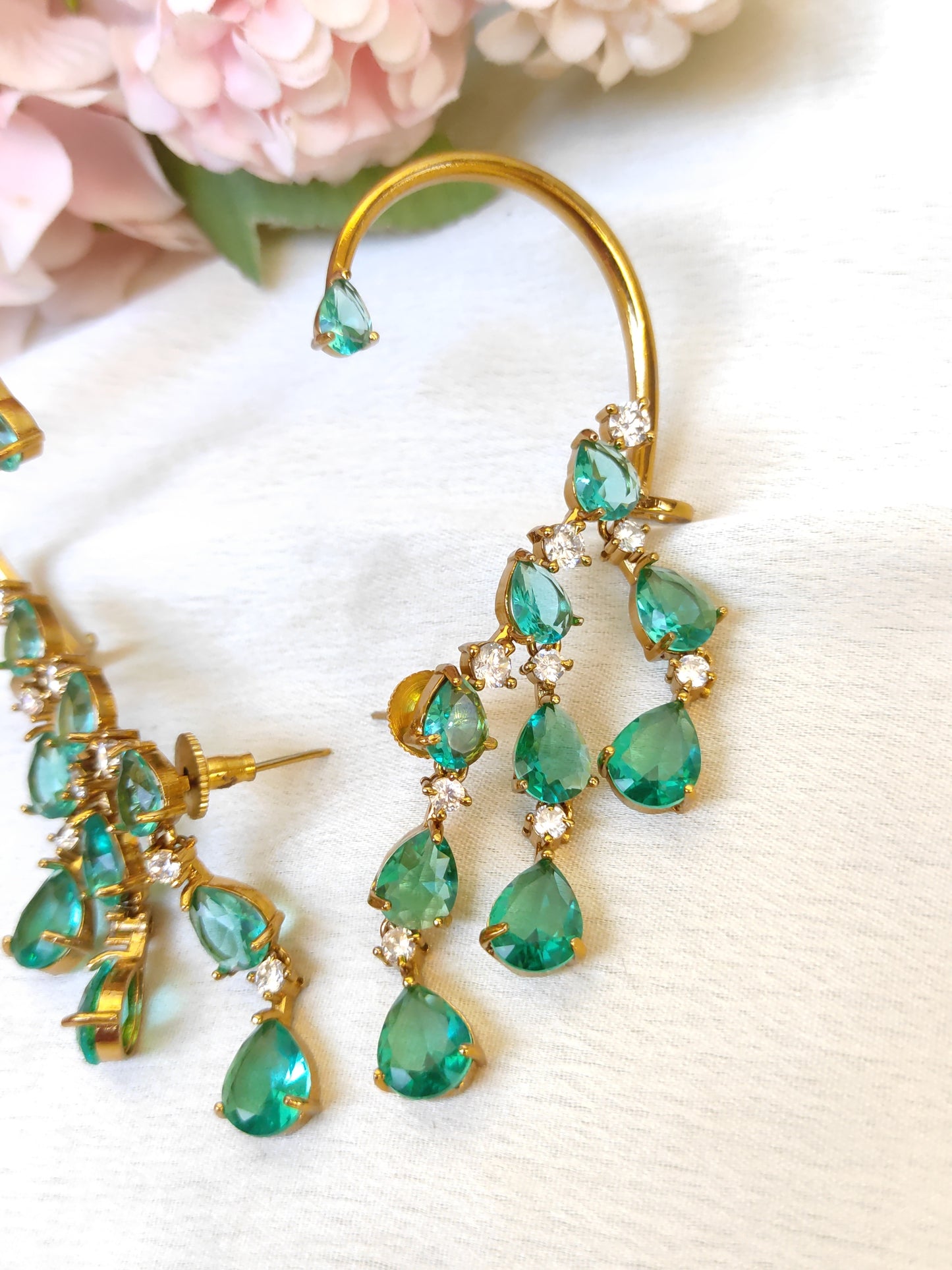 Hanging Emerald Green Drop Ear Cuff | Modern Statement Earrings