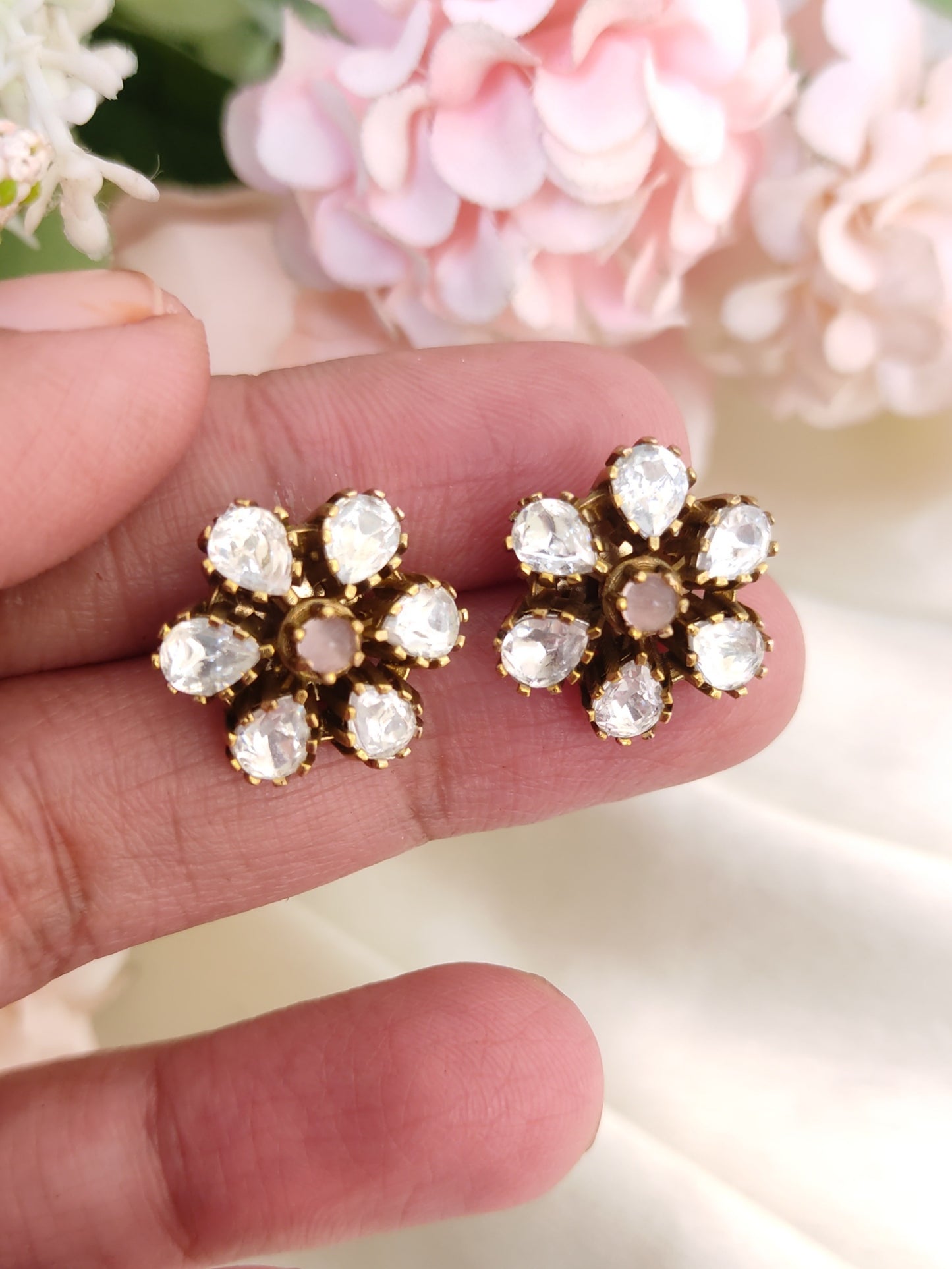 Classic White Stone Floral Stud Earrings