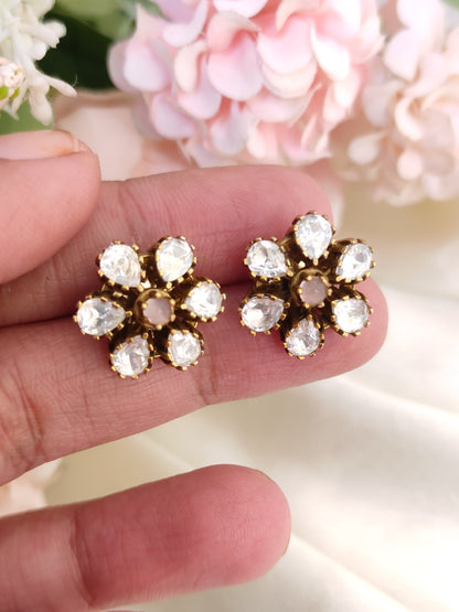 Classic White Stone Floral Stud Earrings