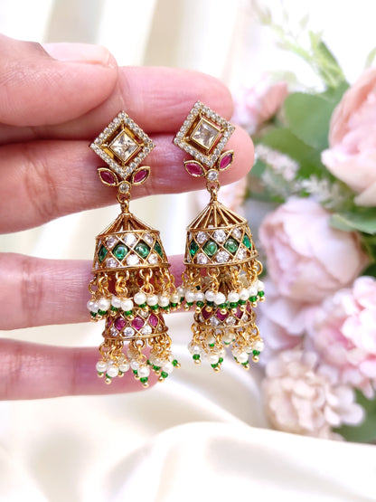 Kundan AD Dual Layer Jhumka Earrings with Pearl Hangings