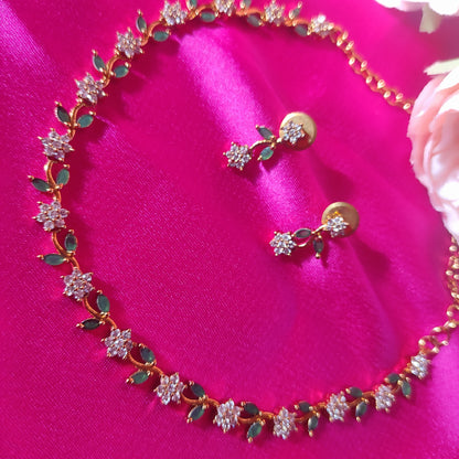 Beautiful floral white & Green stone necklace set(Back chain included)