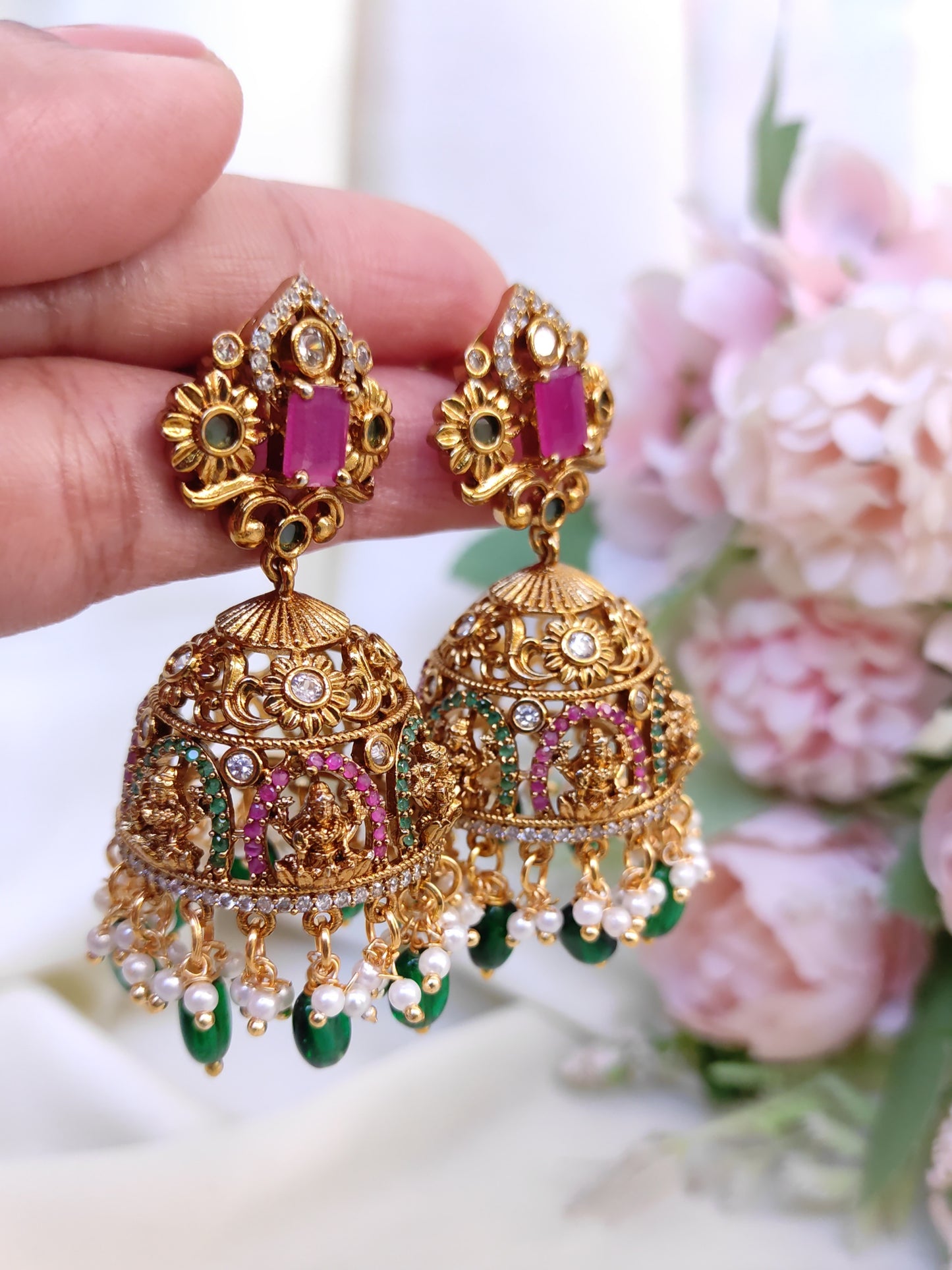 Temple Lakshmi Ruby Green Stone Jhumka Earrings with Pearl Drops